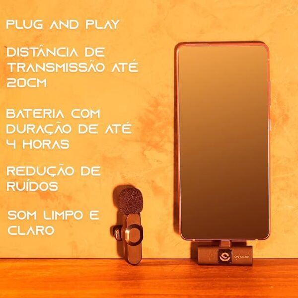 Kit 2 Microfone de Lapela Sem Fio Wireless Um Receptor Profissional Alcance 20 Metros Tipo C Android Presilha para Camisa Transmissão Reunião Palestra Gravação de Vídeo YouTube TikTok - Image 4
