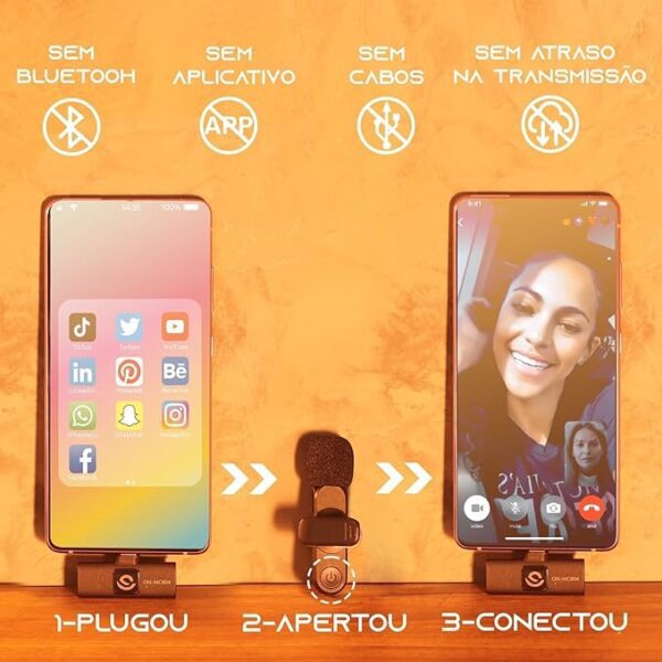 Kit 2 Microfone de Lapela Sem Fio Wireless Um Receptor Profissional Alcance 20 Metros Tipo C Android Presilha para Camisa Transmissão Reunião Palestra Gravação de Vídeo YouTube TikTok - Image 3