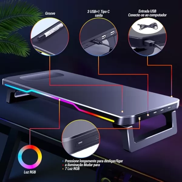 Tarbaha Base Suporte Gamer para Monitor e Notebook, Ajustável, Preto com Luzes RGB, 3 USB + 1 Tipo C Saída, Organizador Multifuncional para Escritório - Image 6