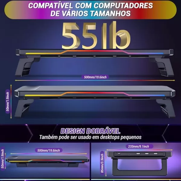 Tarbaha Base Suporte Gamer para Monitor e Notebook, Ajustável, Preto com Luzes RGB, 3 USB + 1 Tipo C Saída, Organizador Multifuncional para Escritório - Image 4