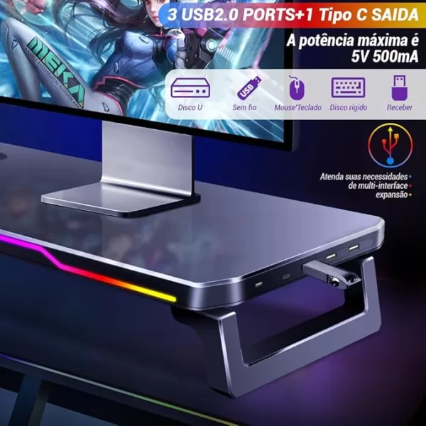Tarbaha Base Suporte Gamer para Monitor e Notebook, Ajustável, Preto com Luzes RGB, 3 USB + 1 Tipo C Saída, Organizador Multifuncional para Escritório - Image 5