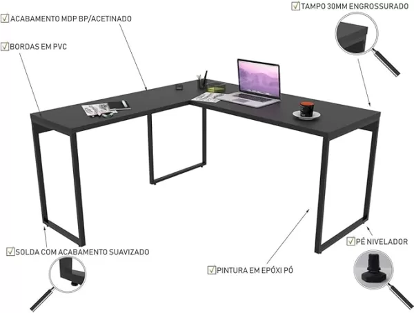 Mesa de Escritório em L Estilo Industrial 1,50mX1,50m Kuadra, Compace, Preto Ônix / Est.Preta - Image 4