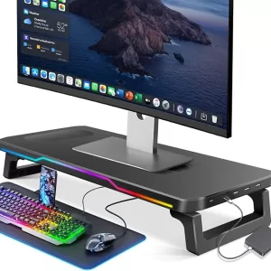 Tarbaha Base Suporte Gamer para Monitor e Notebook, Ajustável, Preto com Luzes RGB, 3 USB + 1 Tipo C Saída, Organizador Multifuncional para Escritório